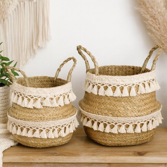 Handwoven Natural Seagrass Baskets with Cream Tassels - Set of Two - Picture 1 of 9